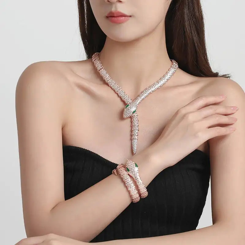Vintage Green Eyed Snake Bracelet in Zircon Plated Platinum