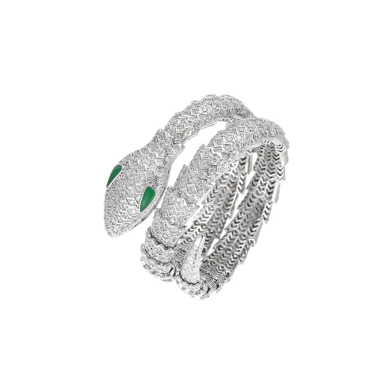 Vintage Green Eyed Snake Bracelet in Zircon Plated Platinum